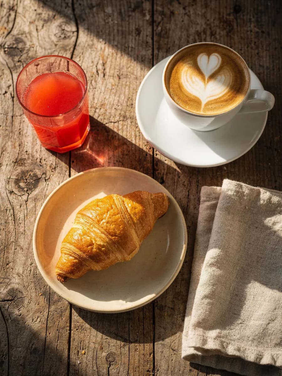 Cornetto mit Cappuccino und Saft auf einem Holztisch