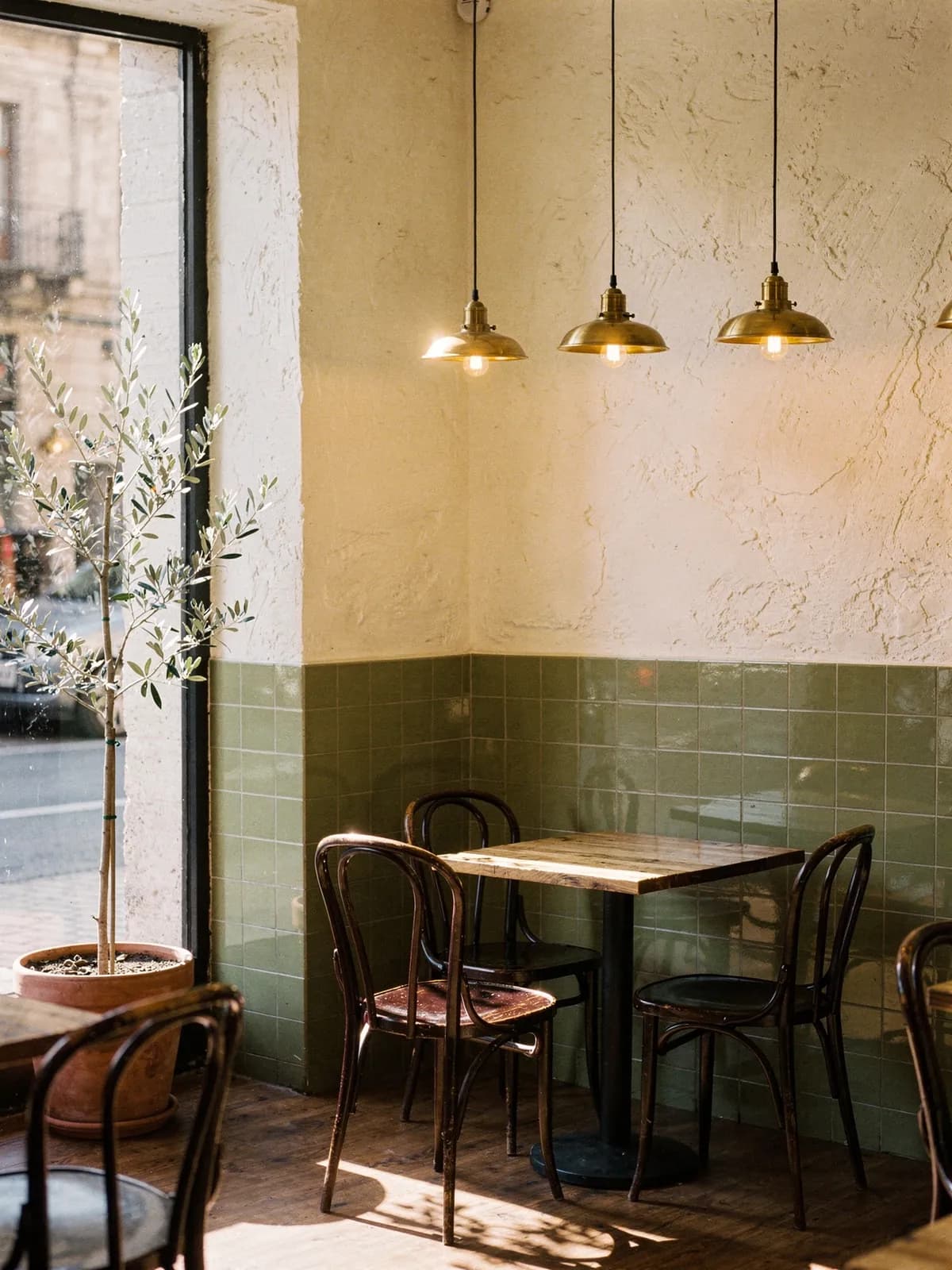 Innenraum eines italienischen Cafés mit Holztischen, grünen Fliesen und Olivenbaum