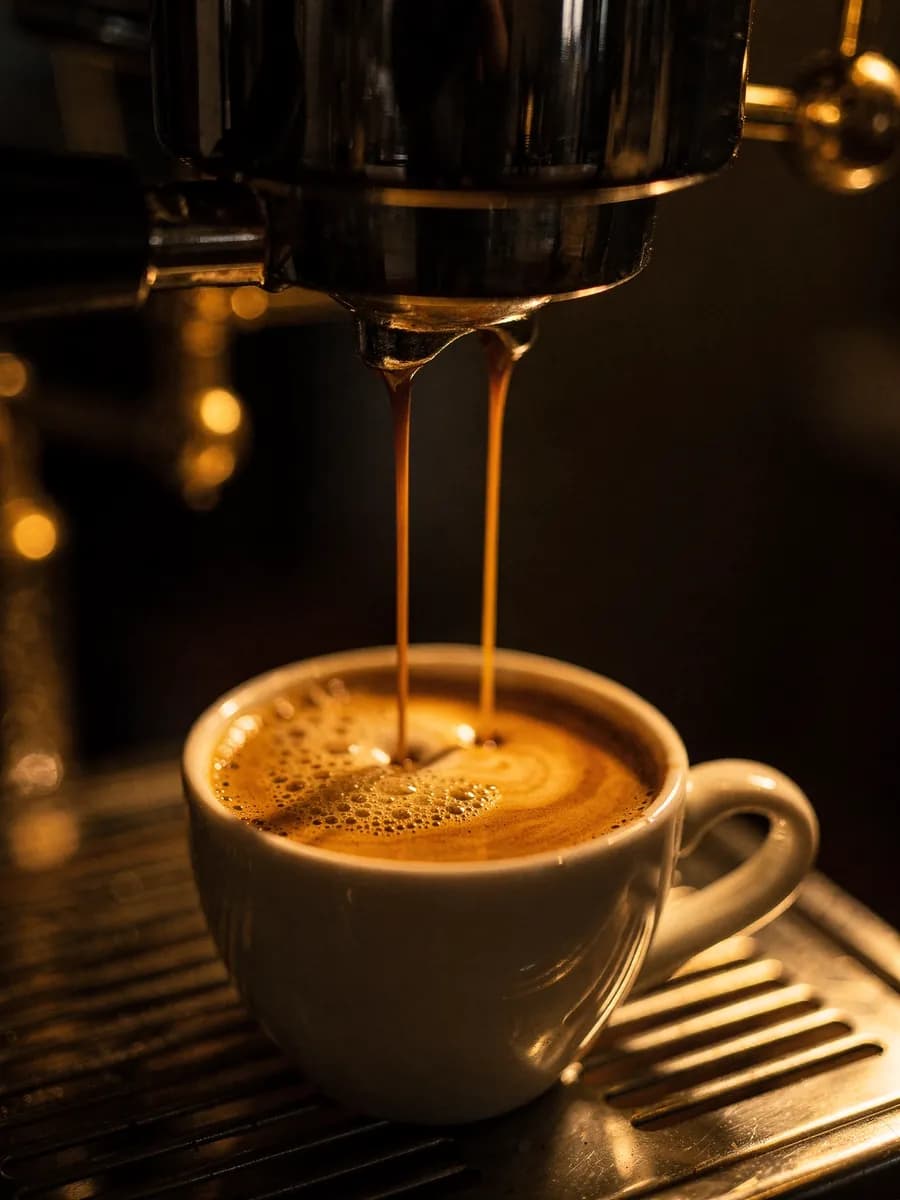 Espresso, der mit dichter Crema in eine Tasse läuft